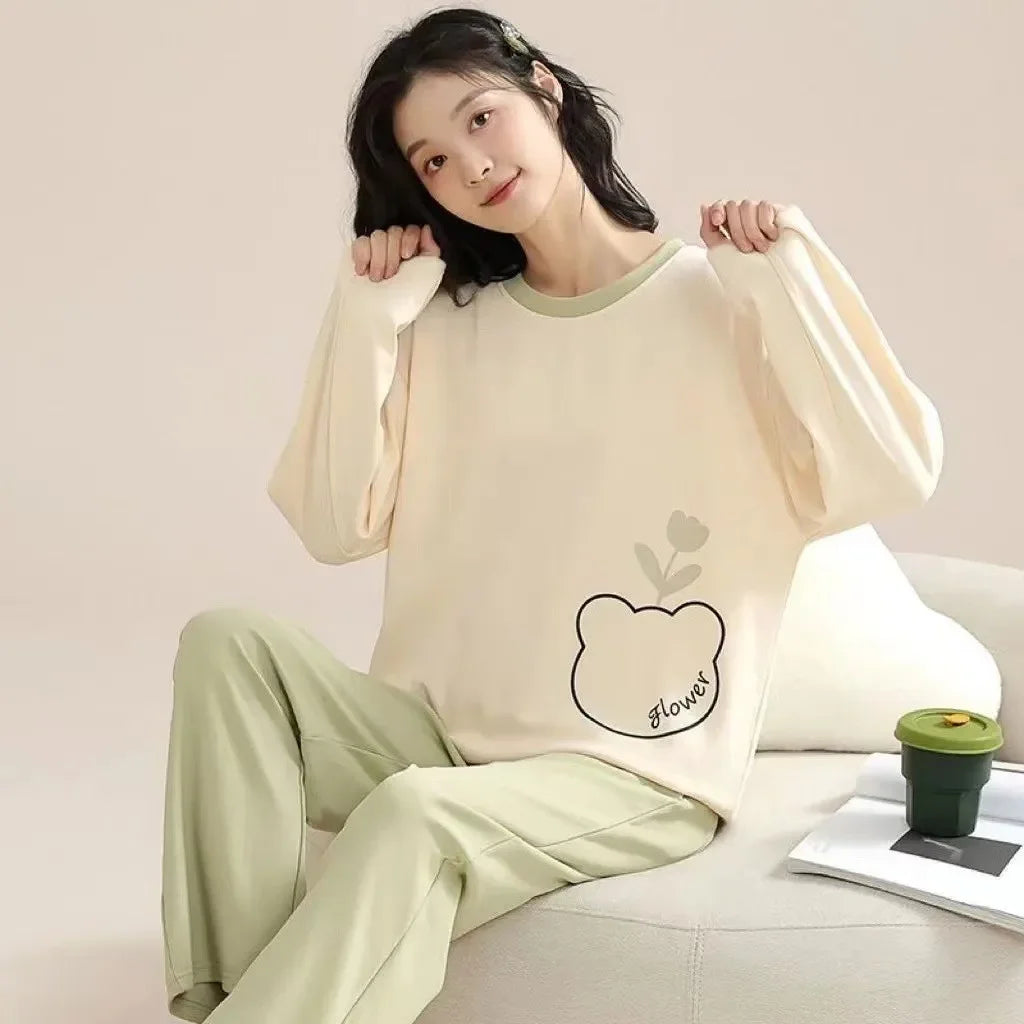 2PCS/Set Summer Nightwear Women Long Sleeve Cartoon Sleepwear Homewear Student Pajamas Loungewear Wearing Home Clothes Outside