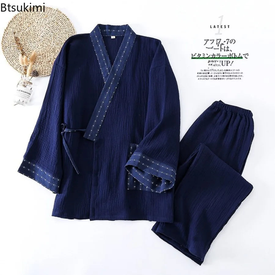New Men's Cotton Pajama Sets Japanese Kimono Plus Size Long Sleeve Pant Suit Casual Comfortable Home Service Two-piece Sleepwear