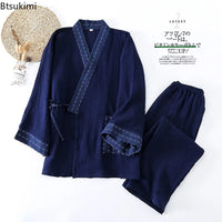 New Men's Cotton Pajama Sets Japanese Kimono Plus Size Long Sleeve Pant Suit Casual Comfortable Home Service Two-piece Sleepwear
