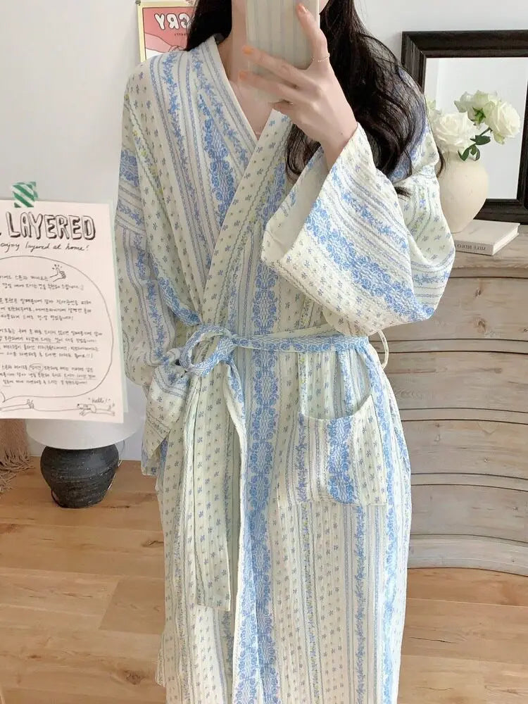 Sweet, Fresh, And Retro Striped Floral Nightgown and Pajamas for Women: Long-Sleeve Bathrobe and Loungewear for Spring and Fall