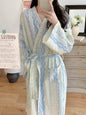 Sweet, Fresh, And Retro Striped Floral Nightgown and Pajamas for Women: Long-Sleeve Bathrobe and Loungewear for Spring and Fall