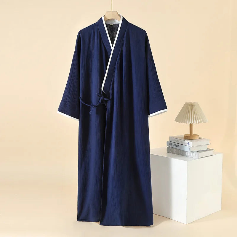 2025 New Japanese Kimono Robe Spring/Summer Men Nightgown 100% Cotton Large Size Bathrobe Men's Mid Length Home Robes Pajamas