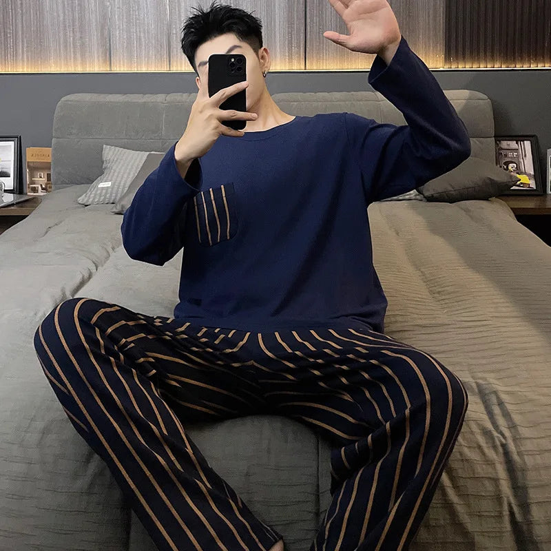 Autumn Cotton Pijama for Men Plus Size 3XL Lounge Pyjamas Set Male 2 Pieces Set Sleepwear Sleeping Top Pant Home Suit 2022