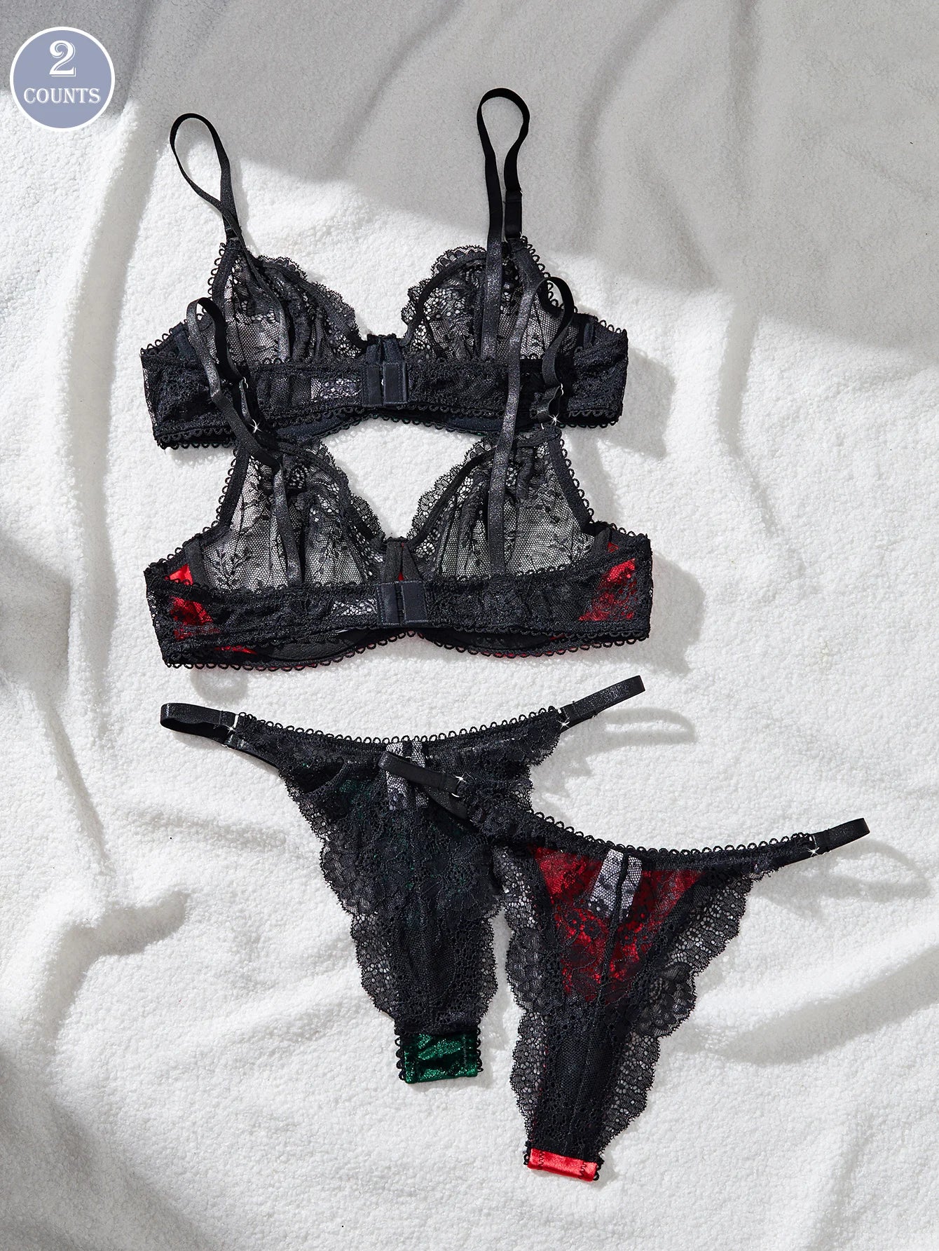 Women's Sexy Satin Lace Lingerie Set - See Through Push Up Bra &Brazilian Panties, Sheer Strappy for Valentine's Christmas Gifts