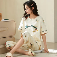 Knitted Cotton Pijama Cartoon Pajamas Sets Women Pyjamas Summer Sleepwear Mujer Nightwear Plus Size Calf-Length Pants Homewear