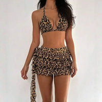 Leopard Print 3-Piece Bikini Set for Women Sexy Swimsuit Beach Party Swimwear Summer Tankini Beach Wear