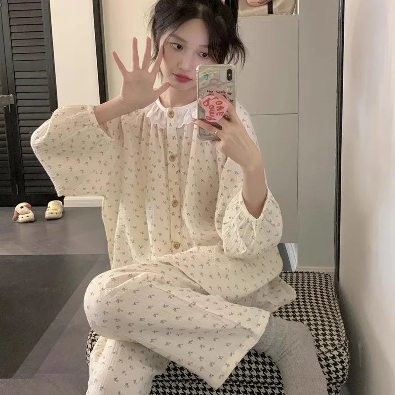 Women Plus Size Pajamas Autumn and Winter Long-Sleeved Trousers Student Homewear Two-Piece Round Neck Floral Wearable Pajamas