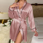Solid Satin Sexy Night Robe Elegant Long Sleeve  V Neck House Robe With Belt  Women's Sleepwear