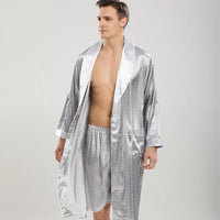 Men Pajamas Satin Kimono Robe Gown With Pants Thin Nightgown Two-pieces Bathrobe&Trousers Suit Summer Long Sleeve Nightwear