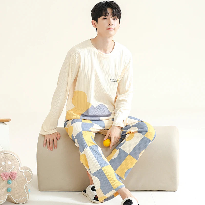 Autumn Cotton Pijama for Men Plus Size 3XL Lounge Pyjamas Set Male 2 Pieces Set Sleepwear Sleeping Top Pant Home Suit 2022