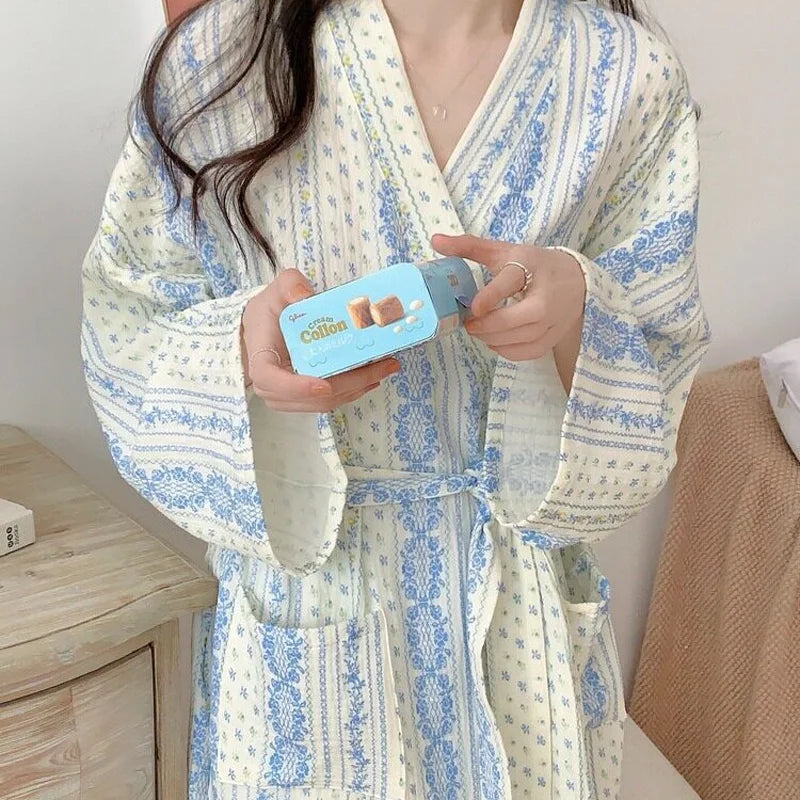 Sweet, Fresh, And Retro Striped Floral Nightgown and Pajamas for Women: Long-Sleeve Bathrobe and Loungewear for Spring and Fall