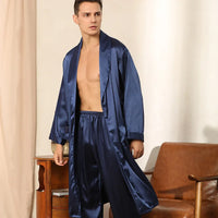 Men Pajamas Satin Kimono Robe Gown With Pants Thin Nightgown Two-pieces Bathrobe&Trousers Suit Summer Long Sleeve Nightwear