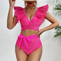 2025 New Sexy High Waist Ruffled Bikini Set Flounce Swimwear Women Swimsuit Solid Strappy Beachwear V-neck Bathing Suit Biquini