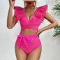 2025 New Sexy High Waist Ruffled Bikini Set Flounce Swimwear Women Swimsuit Solid Strappy Beachwear V-neck Bathing Suit Biquini