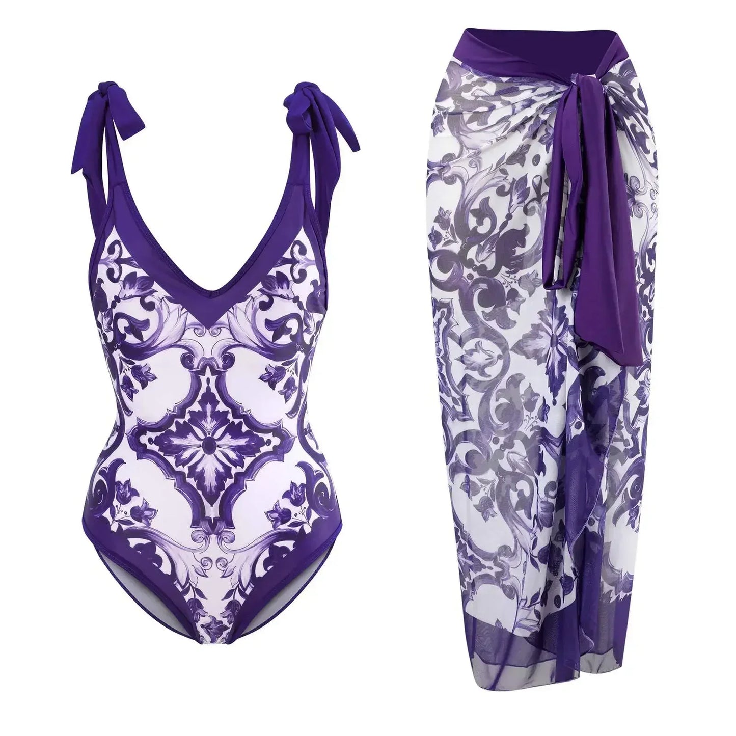 2026 New 2-Piece Women Bikini Set Bodysuit Skirt Cover Ups Sets Women Swimsuit Bandage Bathing Fashion Print Splice Beach Suit