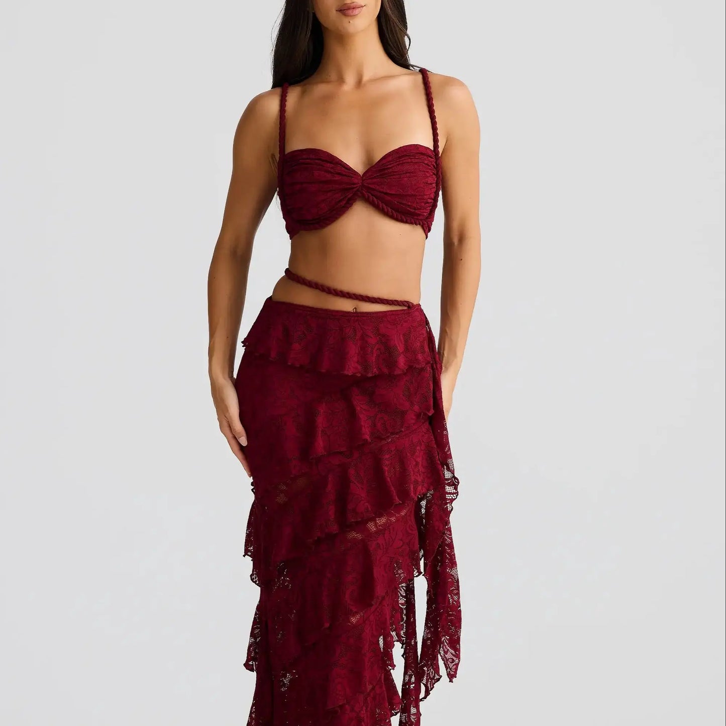Lace Bikini Swimsuit with Skirt Bandage Swimwear Women Brazilian Bikini 2 Pcs Bathing Suit A Line Skirt Summer Female