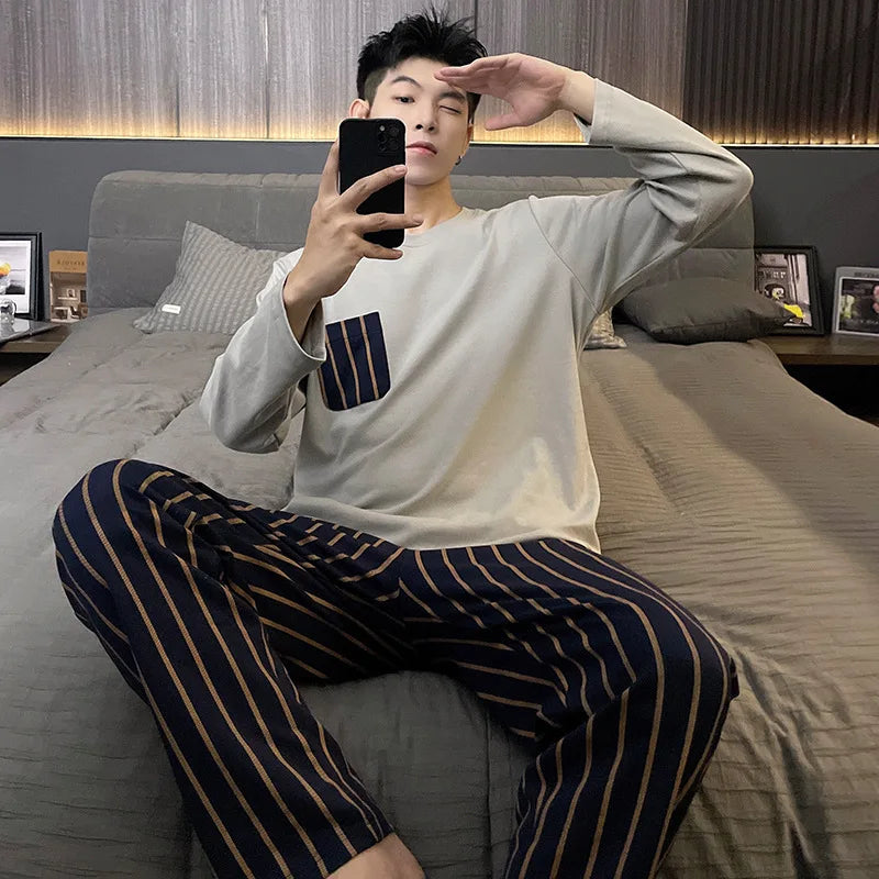 Autumn Cotton Pijama for Men Plus Size 3XL Lounge Pyjamas Set Male 2 Pieces Set Sleepwear Sleeping Top Pant Home Suit 2022