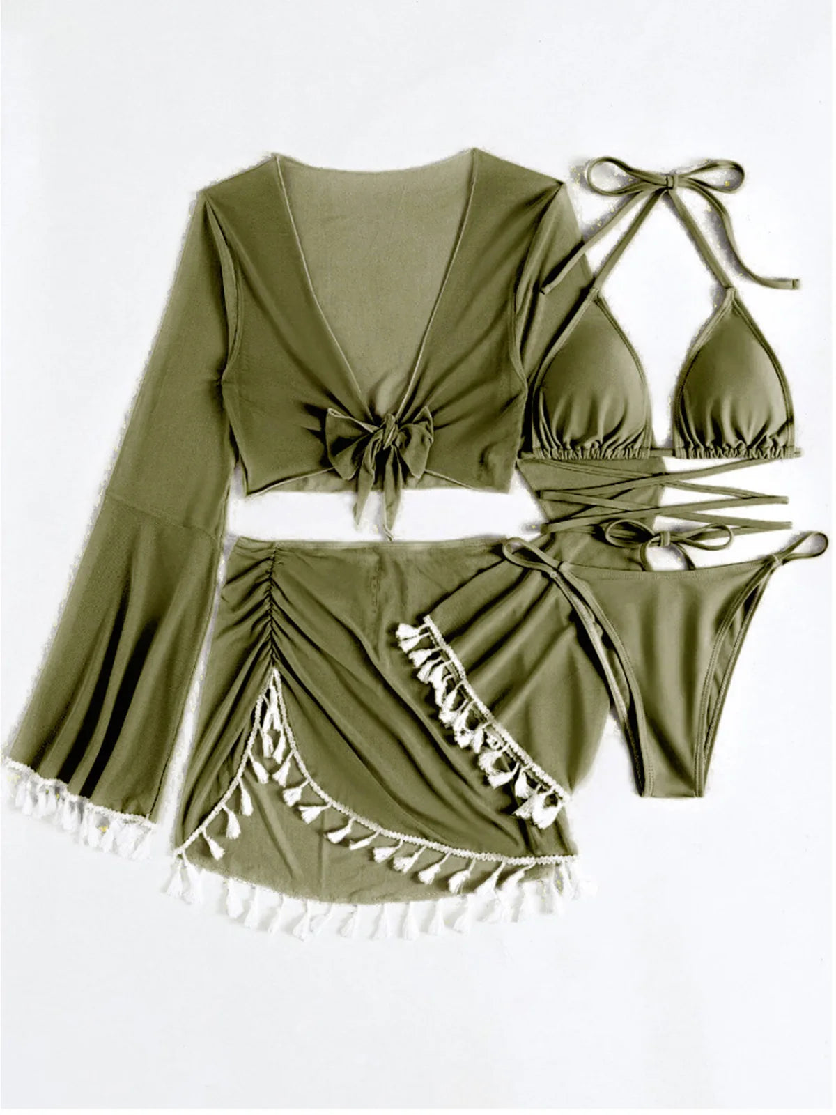 S - XL With Tassel Skirt Long Sleeve Bikini Women Swimwear Female Swimsuit Four-pieces Bikini set Bather Bathing Suit Swim V7060