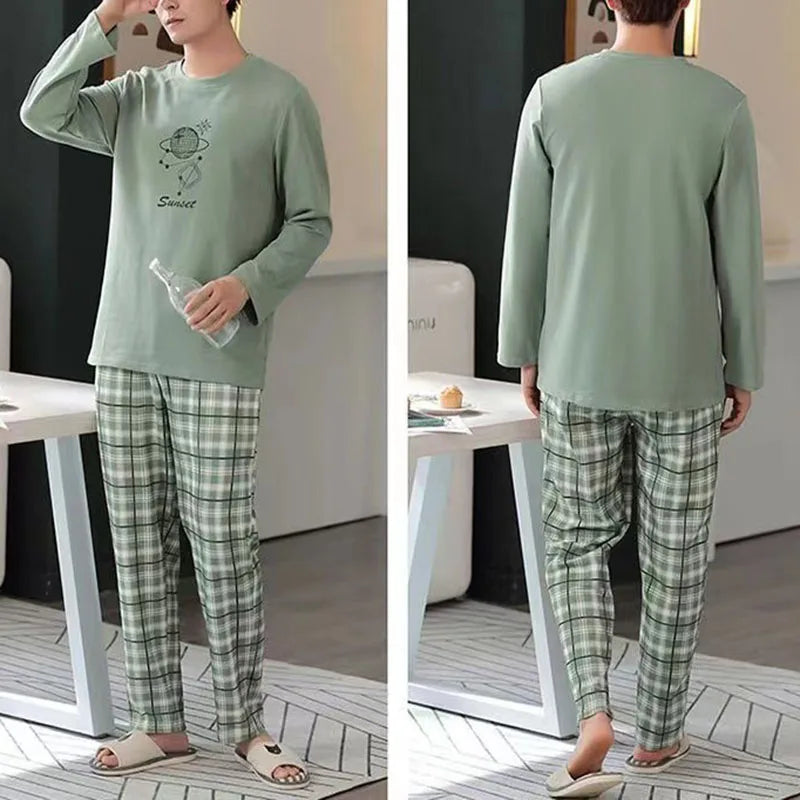 Men Pajamas Long-Sleeved Autumn and Winter Pajamas Student Homewear Teenagers Autumn Striped Pajamas Men Homewear Large Size Xl