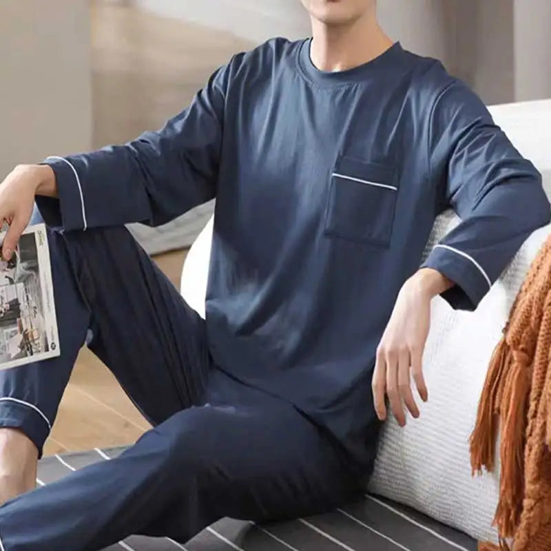 Men's Long-Sleeved Pullover Pajamas New Knitted Cotton Large Size Sports Simple Leisure Homewear Round Neck Solid Loungewear