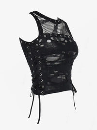Gothic Ripped Fishnet Panel Grommet Side Lace Up Sexy Vest Black Round Neck Women Crop Tank Top