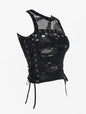 Gothic Ripped Fishnet Panel Grommet Side Lace Up Sexy Vest Black Round Neck Women Crop Tank Top