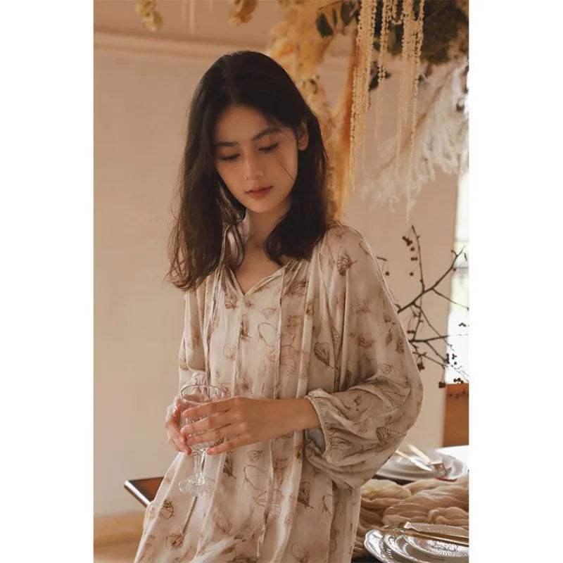 2024 Spring Satin Sleep Dress Elegant and Elegant Printed Backless Pullover Long Sleeved Nightwear for Women's Home Sleepwear