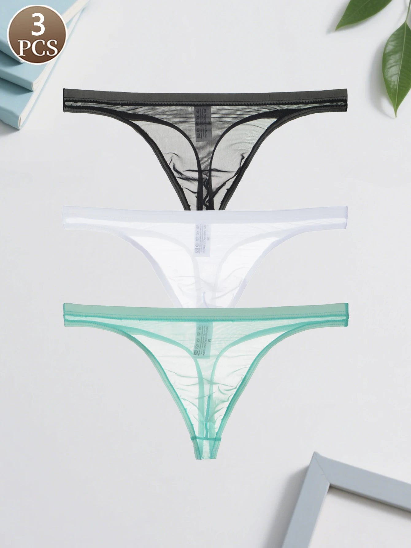 3PCS  Lightweight sexy mesh semi transparent solid color Men's breathable seamless quick drying brief