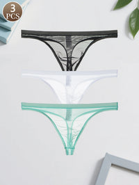 3PCS  Lightweight sexy mesh semi transparent solid color Men's breathable seamless quick drying brief