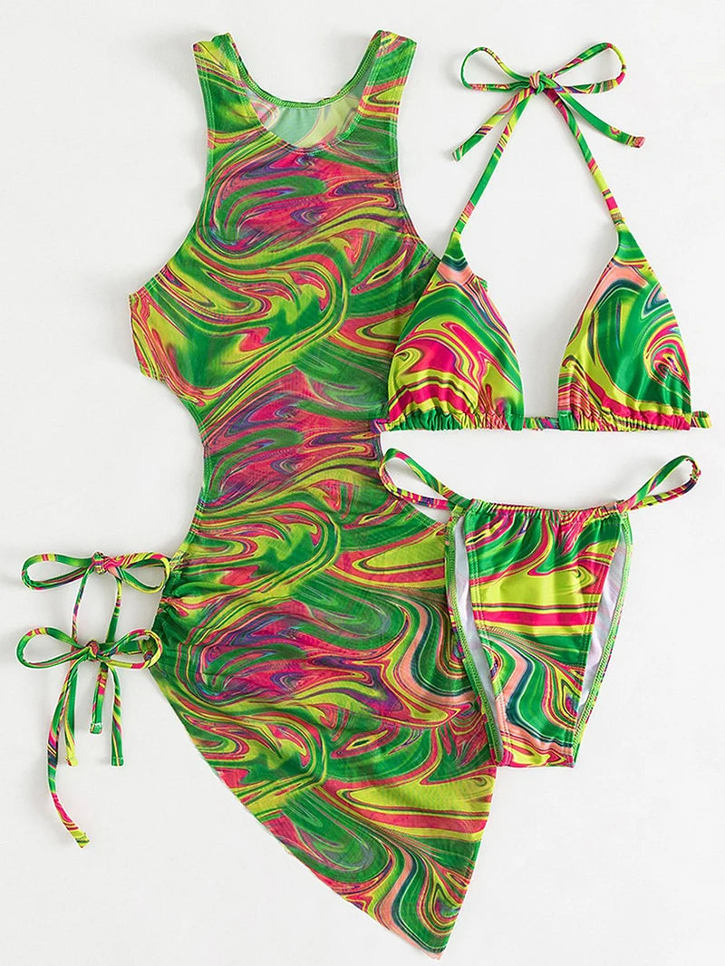 3 Pieces Bikini Set Women Leopard Halter Sexy Swimsuit 2026 Bikinis With Beach Cover Up Swimwear Backless Bandage Bathing Suit