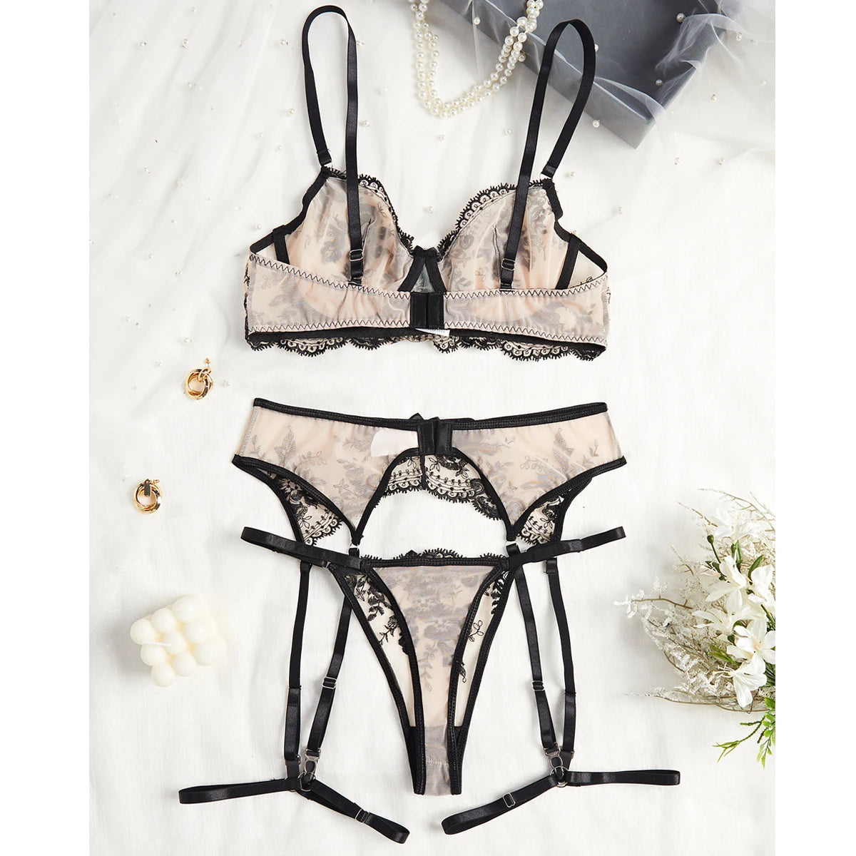 Sexy Lace Lingerie for Women Bra Garter Panties 3pcs Sets See-through Sexy Elegant Underwear Intimate Transparent Erotic