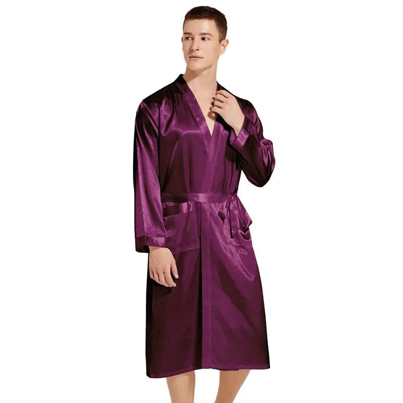 Burgundy Bridegroom Wedding Robe Long Kimono Bathrobe Gown with Pocket Belt Spring Summer Sleepwear Homewear Satin Loungewear