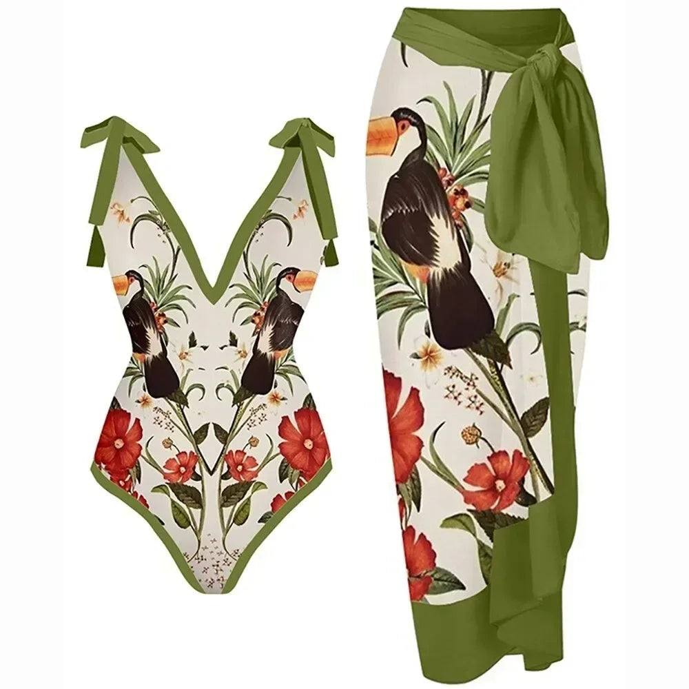 2026 New 2-Piece Women Bikini Set Bodysuit Skirt Cover Ups Sets Women Swimsuit Bandage Bathing Fashion Print Splice Beach Suit