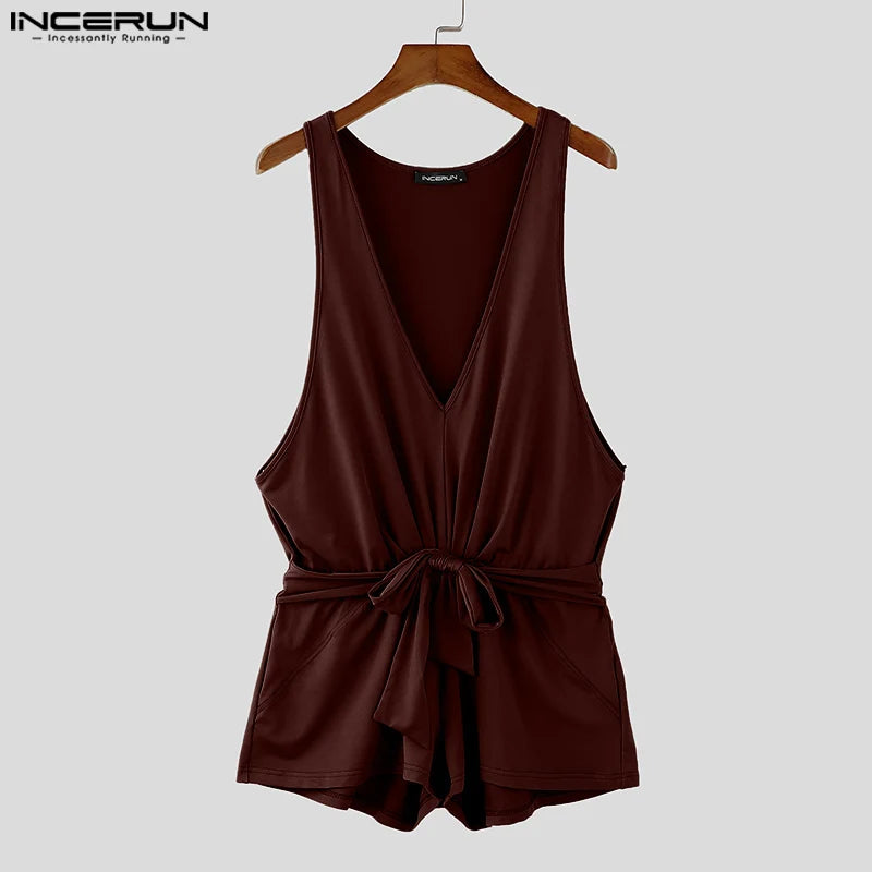 INCERUN Men Sleeveless Sexy Bodysuits 2024 Summer Deep V-Neck Elegant Fashion Onesies Handsome Comfortable Homewear Loungewear