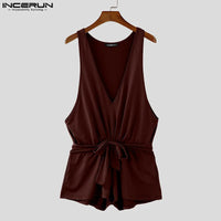 INCERUN Men Sleeveless Sexy Bodysuits 2024 Summer Deep V-Neck Elegant Fashion Onesies Handsome Comfortable Homewear Loungewear