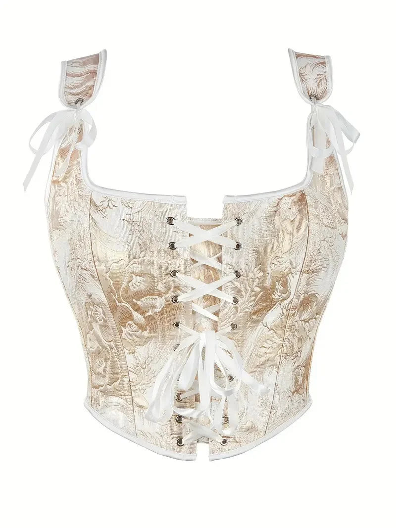 Blue Jacquard Corset Sexy Shoulder Straps Overbust Bustiers Crop Top Lace Up Brocade Vest Lingerie Gothic For Women Outfit