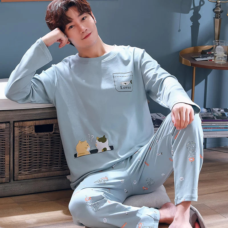 Autumn Cotton Pijama for Men Plus Size 3XL Lounge Pyjamas Set Male 2 Pieces Set Sleepwear Sleeping Top Pant Home Suit 2022