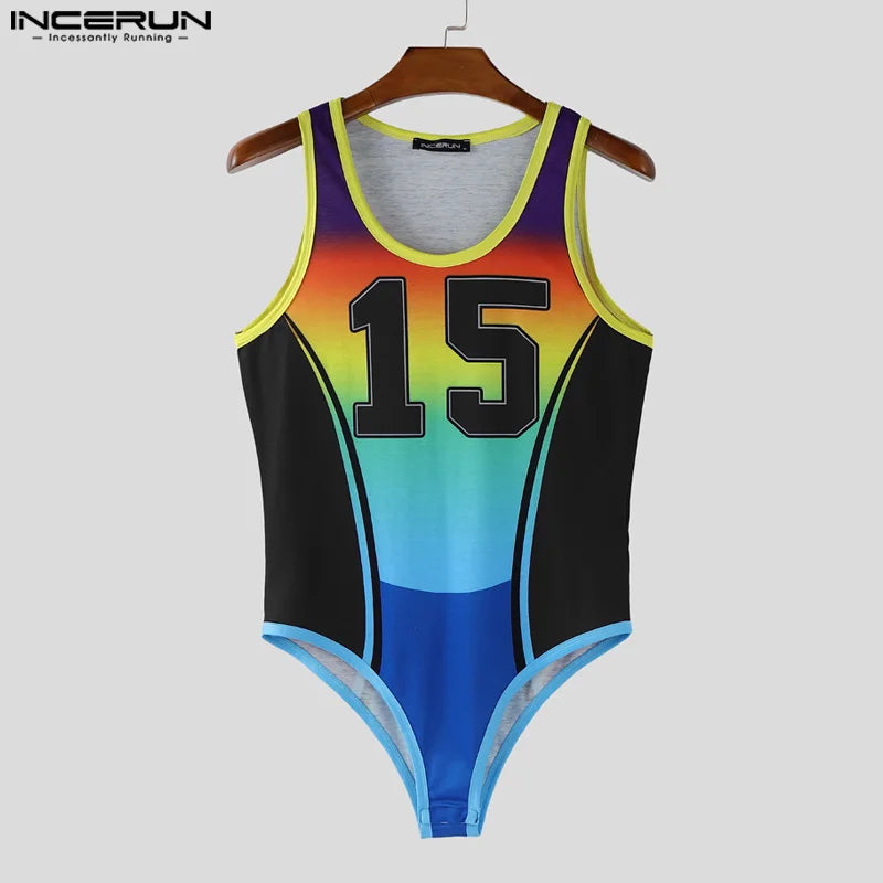 INCERUN Men Bodysuits Patchwork Printing Gradient O-neck Sleeveless Male Rompers Workout Playsuits 2025 Fashion Casual Bodysuit