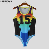 INCERUN Men Bodysuits Patchwork Printing Gradient O-neck Sleeveless Male Rompers Workout Playsuits 2025 Fashion Casual Bodysuit