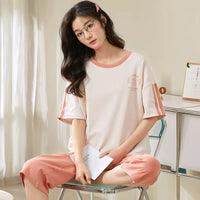 Knitted Cotton Pijama Cartoon Pajamas Sets Women Pyjamas Summer Sleepwear Mujer Nightwear Plus Size Calf-Length Pants Homewear