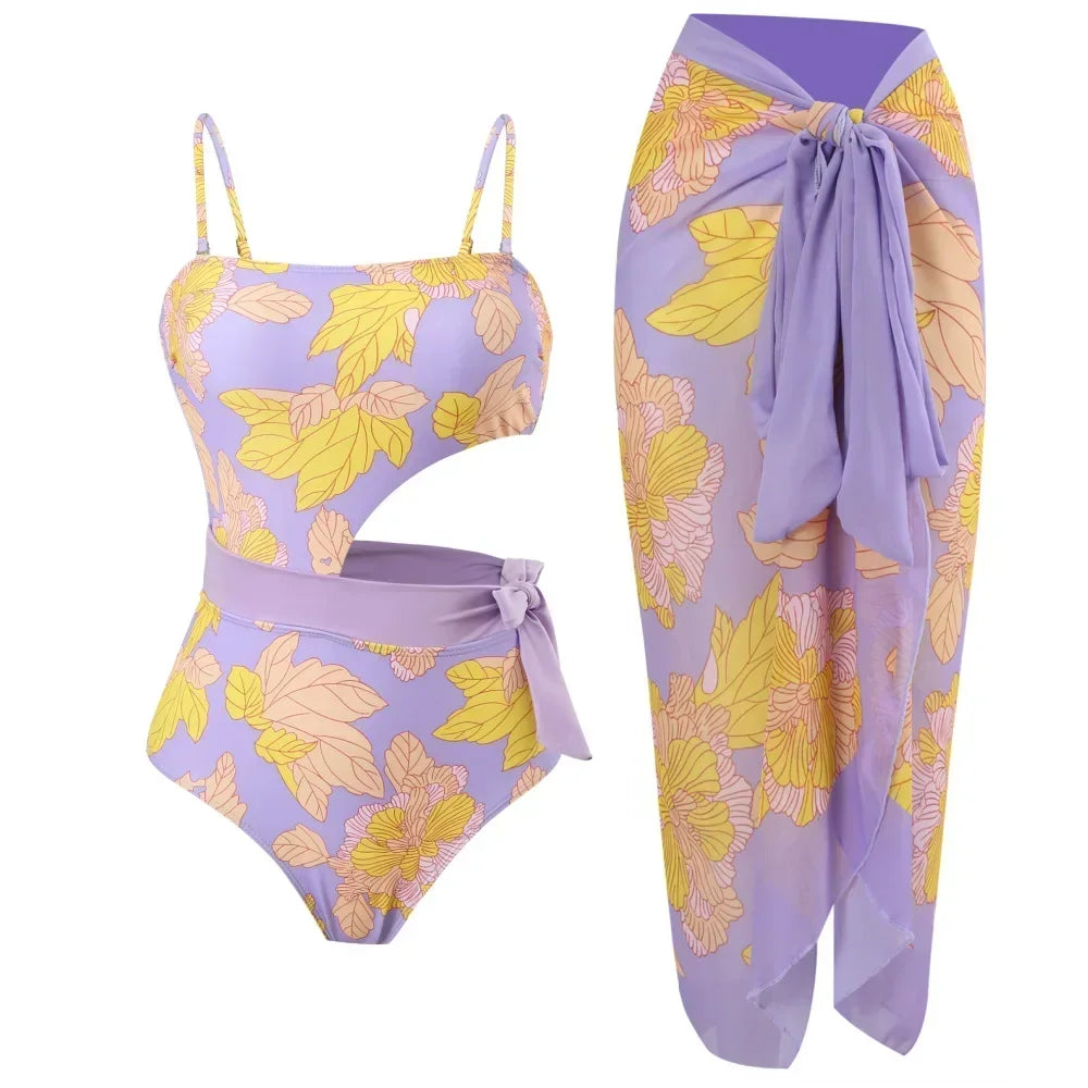 2026 New 2-Piece Women Bikini Set Bodysuit Skirt Cover Ups Sets Women Swimsuit Bandage Bathing Fashion Print Splice Beach Suit