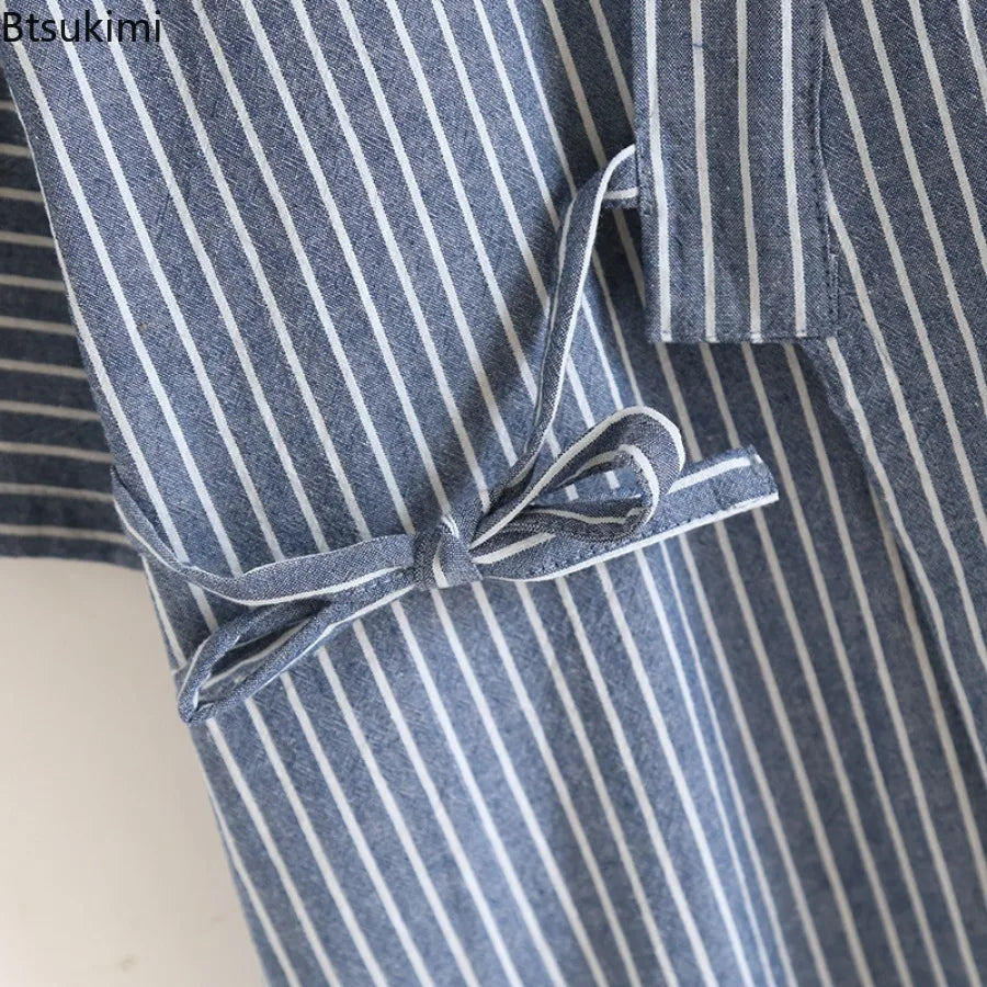 2026 Men's Summer 100% Cotton Pajama Sets Loose Bathrobes V-Neck Kimono Pijama Striped Half Sleeve and Shorts Men Homewear Suit