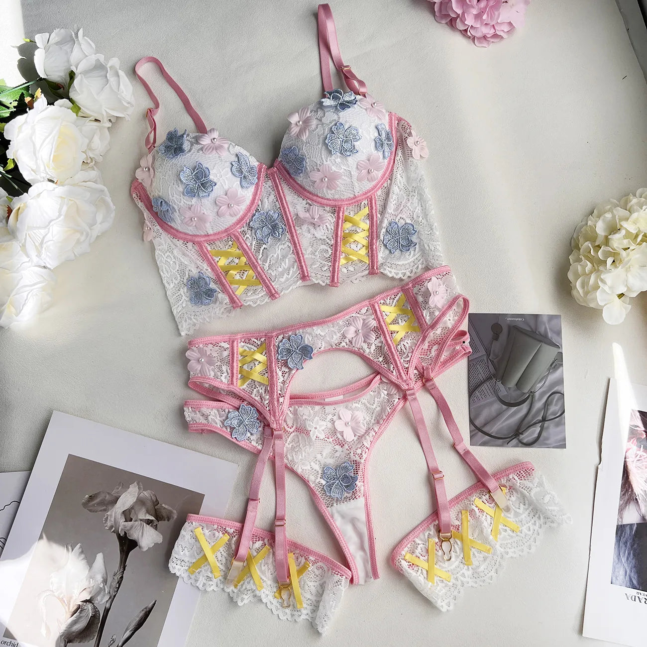 Diccvicc Lingerie for Women Floral Embroidery Sexy Lace Push Up Bra Fancy Garter Set Cute Girl Female Underwear Exotic Apparel