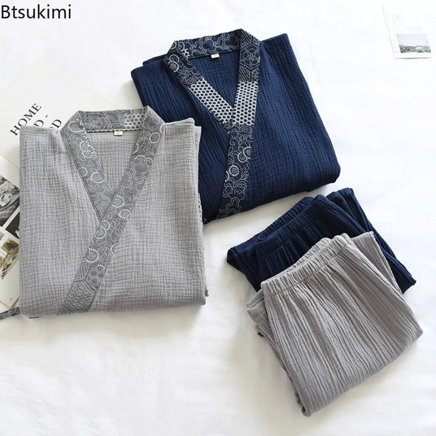 New Men's Cotton Pajama Sets Japanese Kimono Plus Size Long Sleeve Pant Suit Casual Comfortable Home Service Two-piece Sleepwear