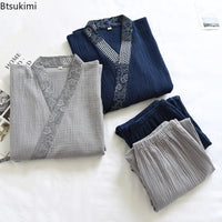 New Men's Cotton Pajama Sets Japanese Kimono Plus Size Long Sleeve Pant Suit Casual Comfortable Home Service Two-piece Sleepwear