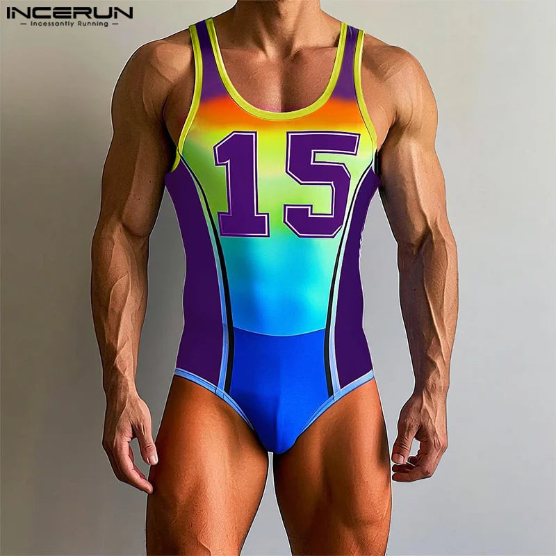 INCERUN Men Bodysuits Patchwork Printing Gradient O-neck Sleeveless Male Rompers Workout Playsuits 2025 Fashion Casual Bodysuit