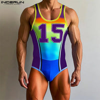 INCERUN Men Bodysuits Patchwork Printing Gradient O-neck Sleeveless Male Rompers Workout Playsuits 2025 Fashion Casual Bodysuit