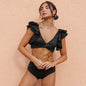 2025 New Sexy High Waist Ruffled Bikini Set Flounce Swimwear Women Swimsuit Solid Strappy Beachwear V-neck Bathing Suit Biquini