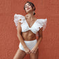 2025 New Sexy High Waist Ruffled Bikini Set Flounce Swimwear Women Swimsuit Solid Strappy Beachwear V-neck Bathing Suit Biquini