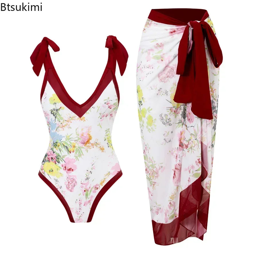 2026 New 2-Piece Women Bikini Set Bodysuit Skirt Cover Ups Sets Women Swimsuit Bandage Bathing Fashion Print Splice Beach Suit